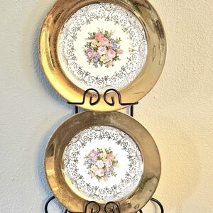 Vintage Gold Decorative Pair of Floral Accent Dinner Plates